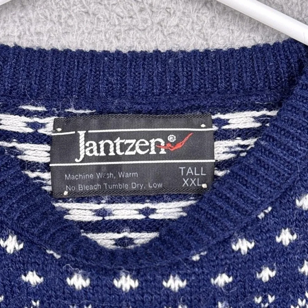 Jantzen Sweater Mens 2XLT White‎ Navy Fair Isle Ski Cable Knit Pullover Winter
